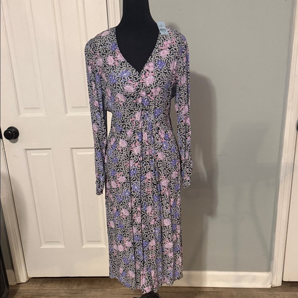 LOFT Pink and Purple Patterned Long Sleeve Dress